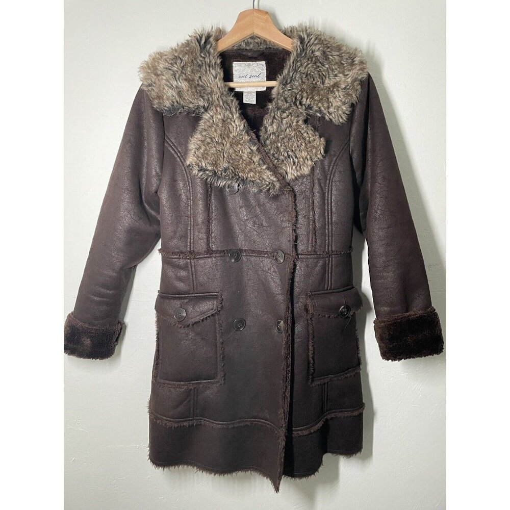 Vintage Wet Seal Women XL Brown Faux Fur Faux Suede Penny Lane Coat Button Up
